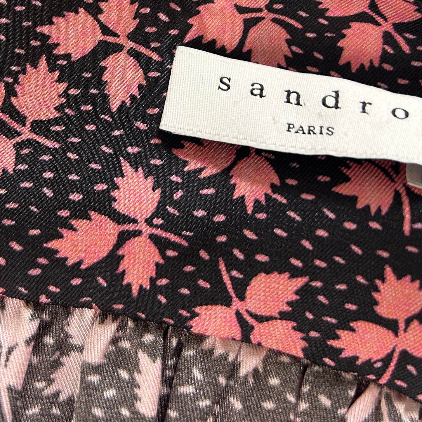 Sandro midi dress black with pink floral V neck long sleeve size 8