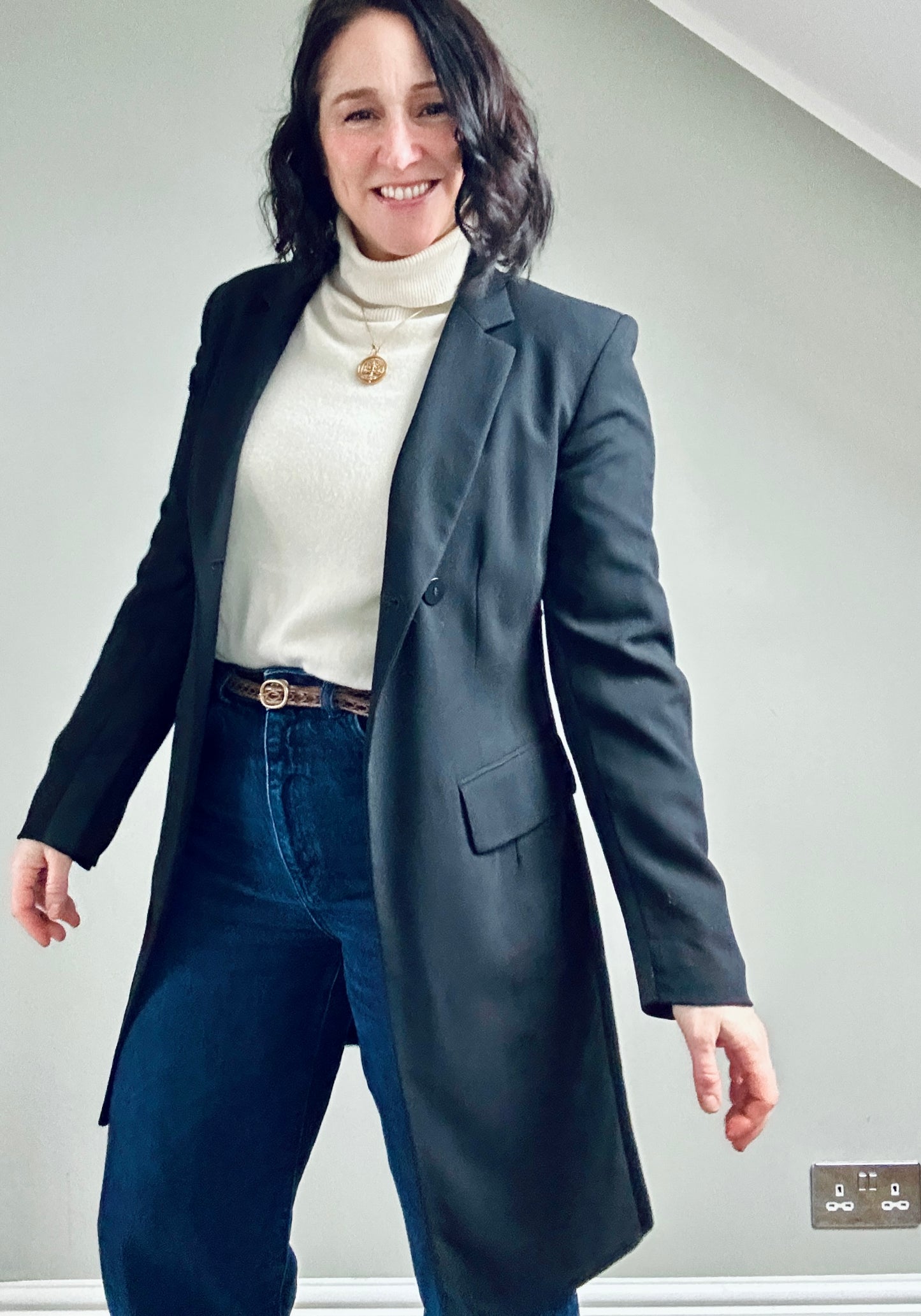 DKNY black wool blazer coat with satin detail size 10