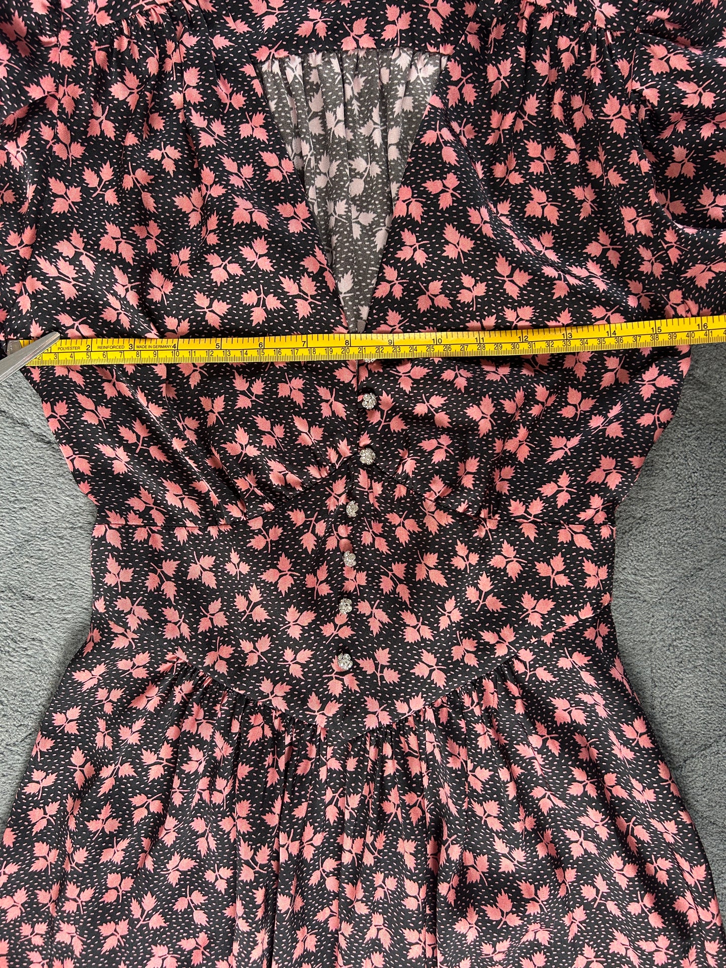 Sandro midi dress black with pink floral V neck long sleeve size 8