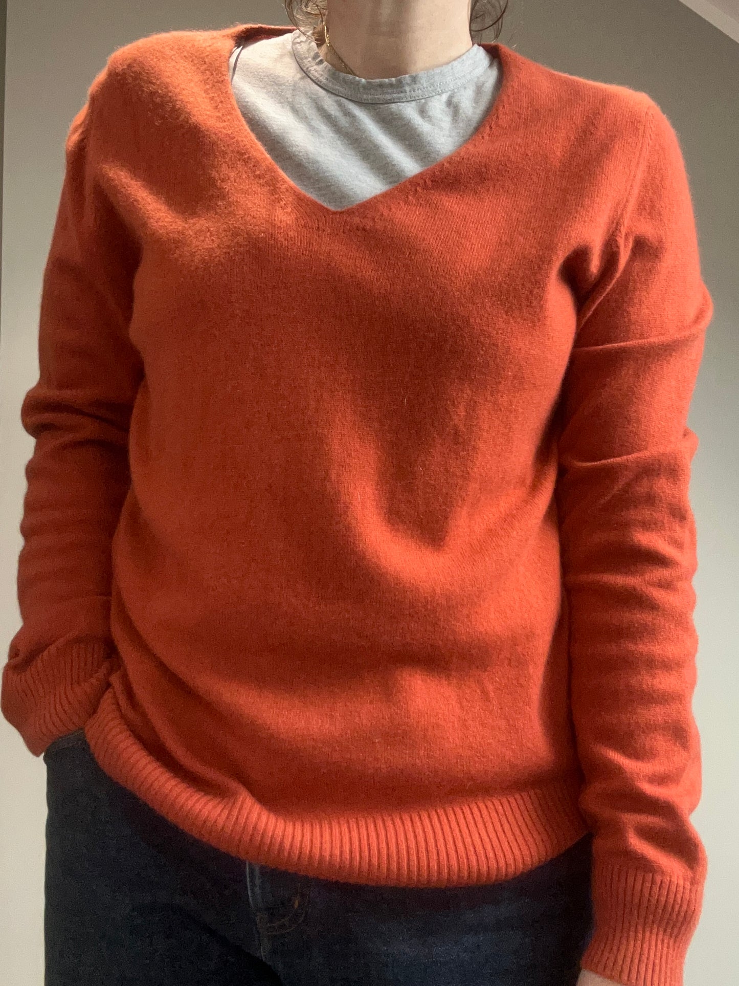 John Lewis burnt orange cashmere V neck jumper up to 14