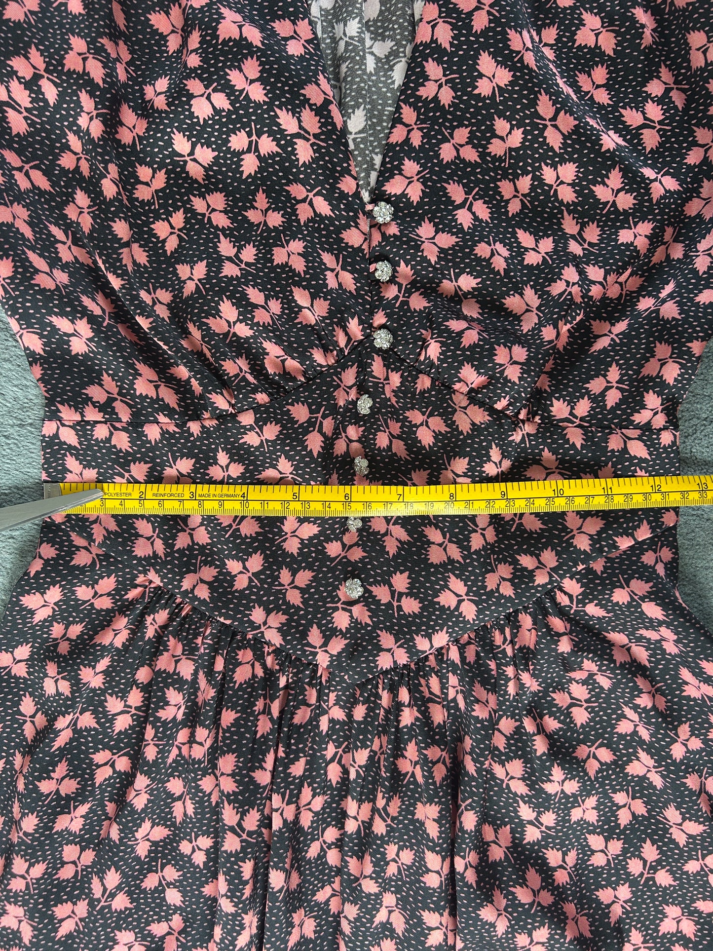 Sandro midi dress black with pink floral V neck long sleeve size 8