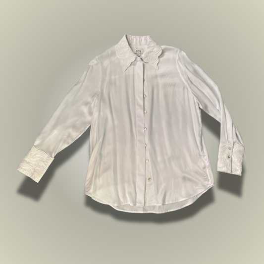 COS white satin shirt embroidered collar and cuffs Size 34 - UK8 up to UK12