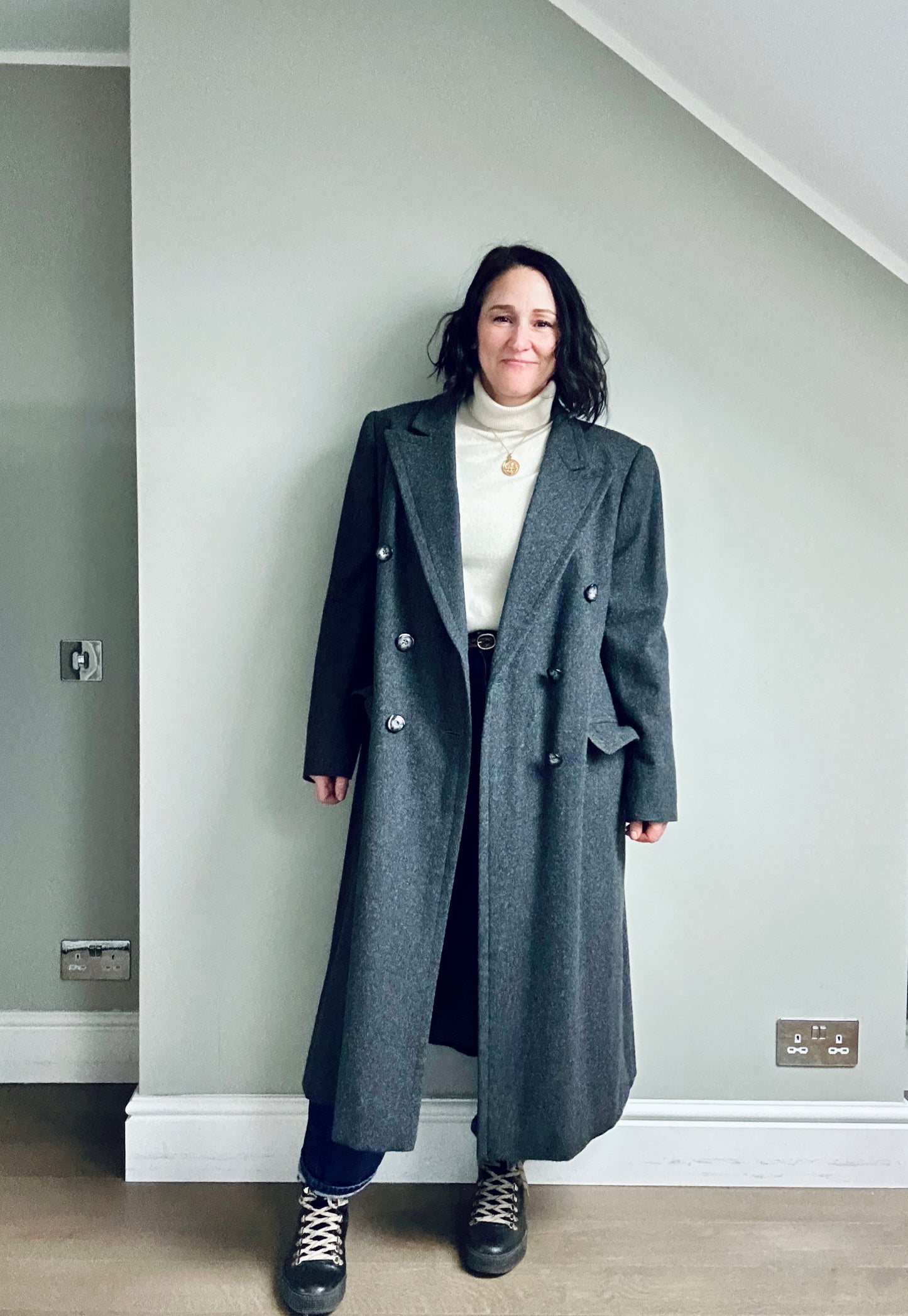 Grey wool double breasted maxi coat size up to 16