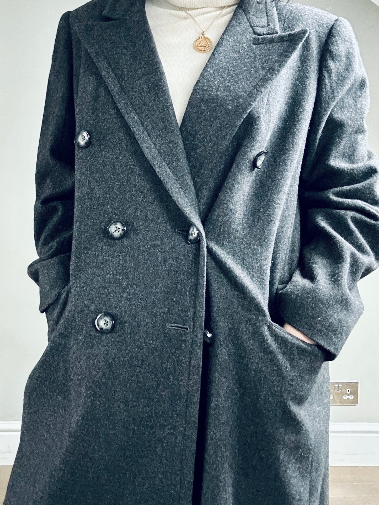 Grey wool double breasted maxi coat size up to 16