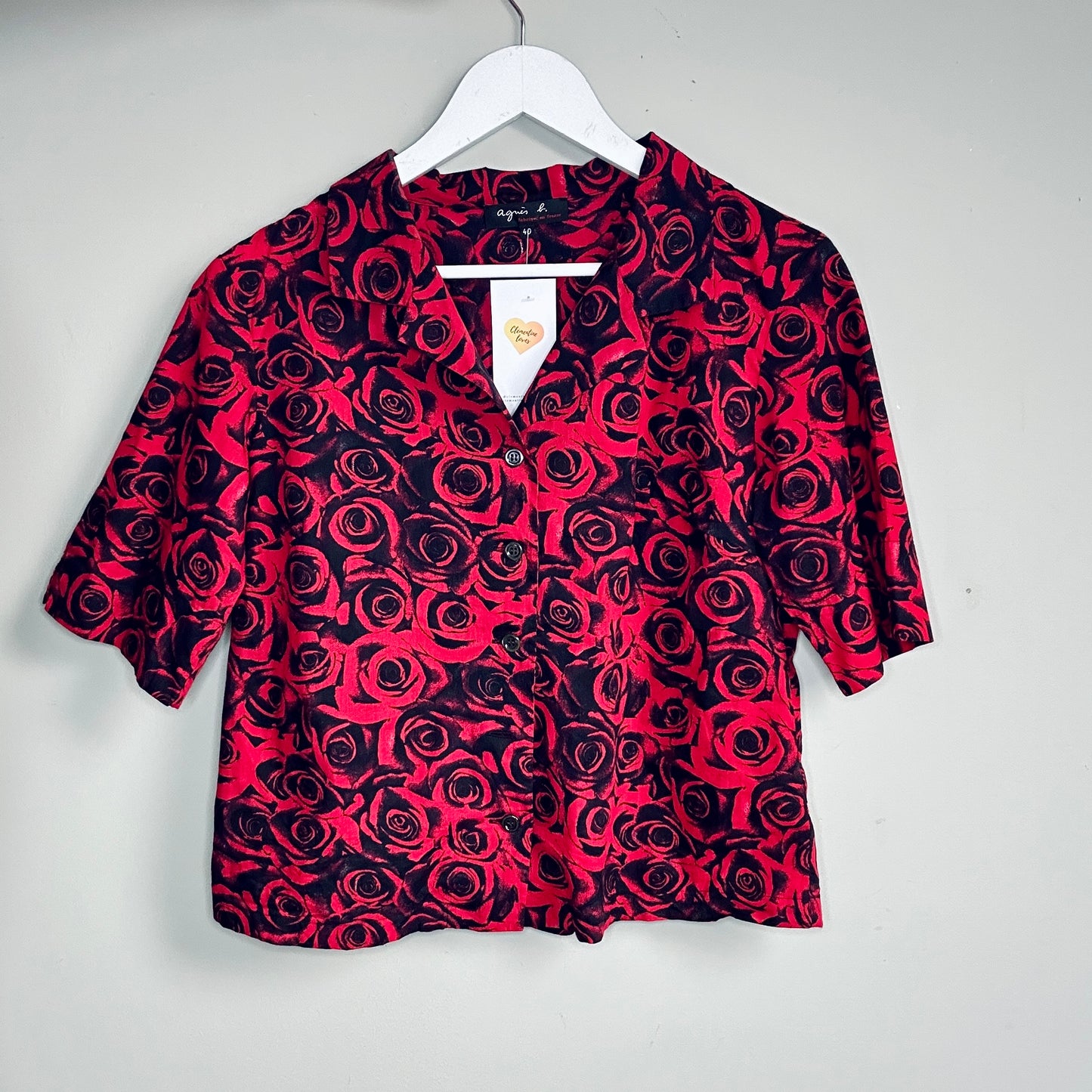 Agnes B red roses cotton shirt short sleeve size 10-12