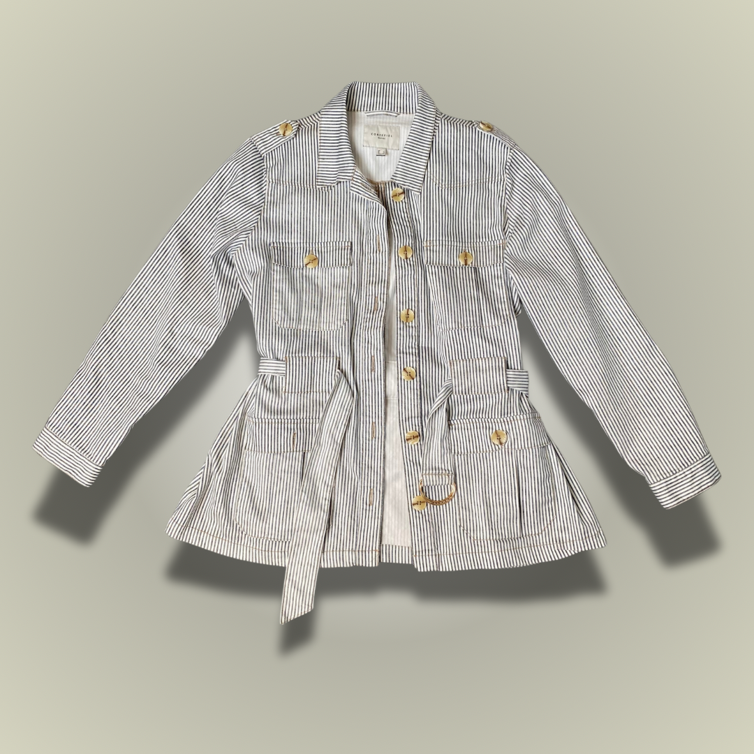 Cortefiel white and grey striped belted jacket L - 12