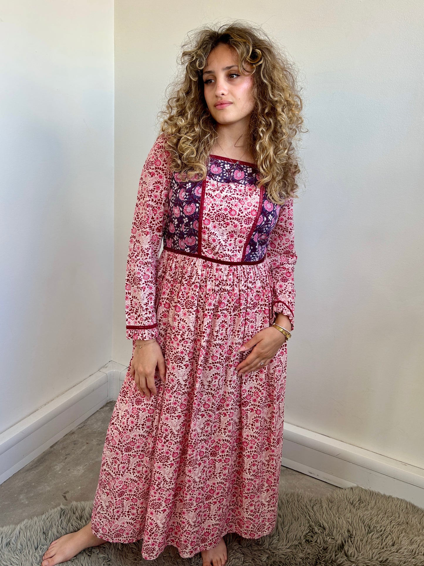 By Iris Pink Floral Maxi Cotton Dress Long Sleeve Size XS