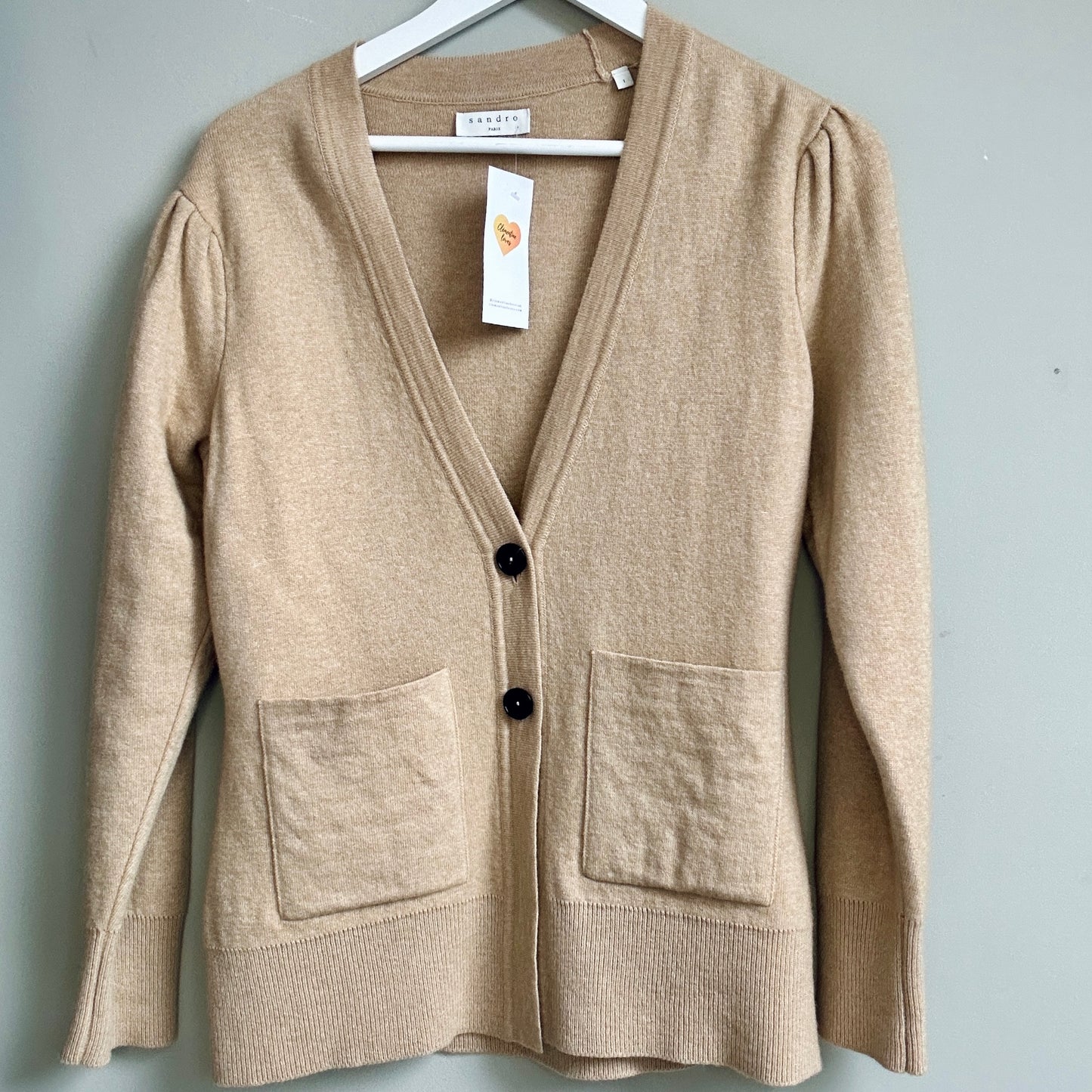 Sandro sand wool blend cardigan V neck size 8-10