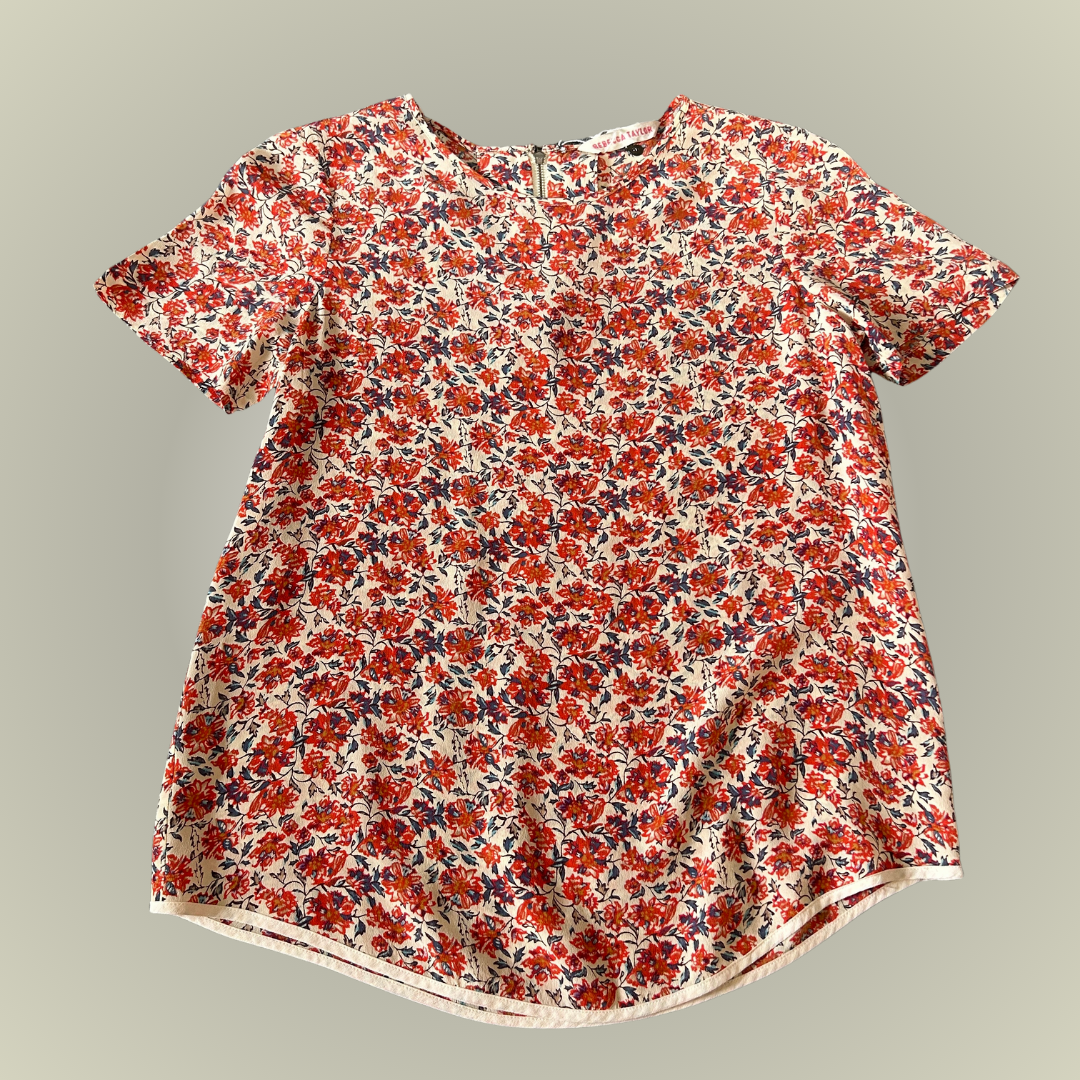 Rebecca Taylor red floral silk blouse short sleeve 6