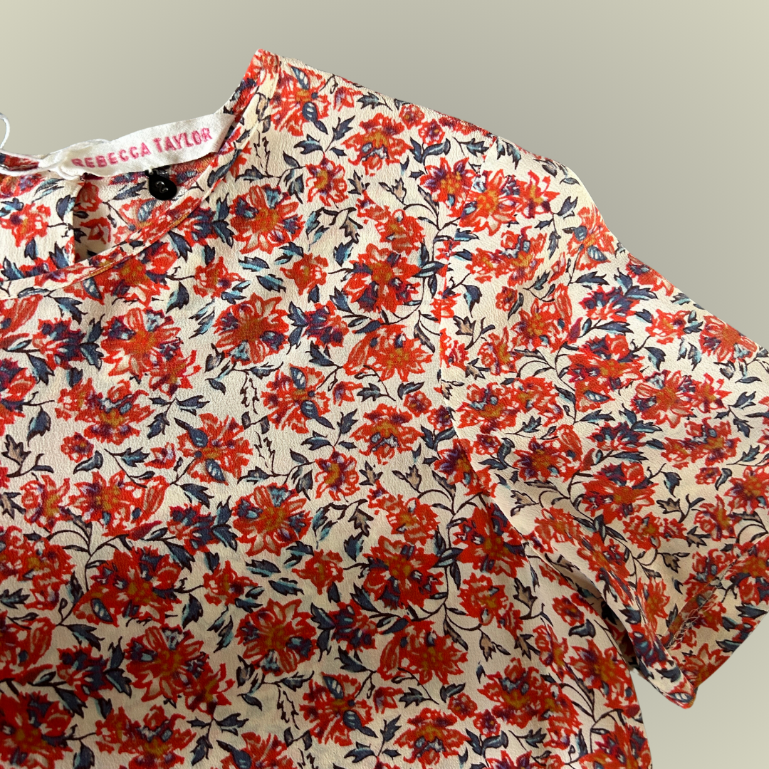 Rebecca Taylor red floral silk blouse short sleeve 6