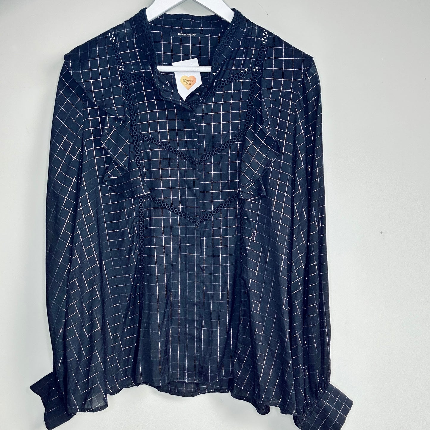 Bruuns Bazaar black blouse with silver check size 12