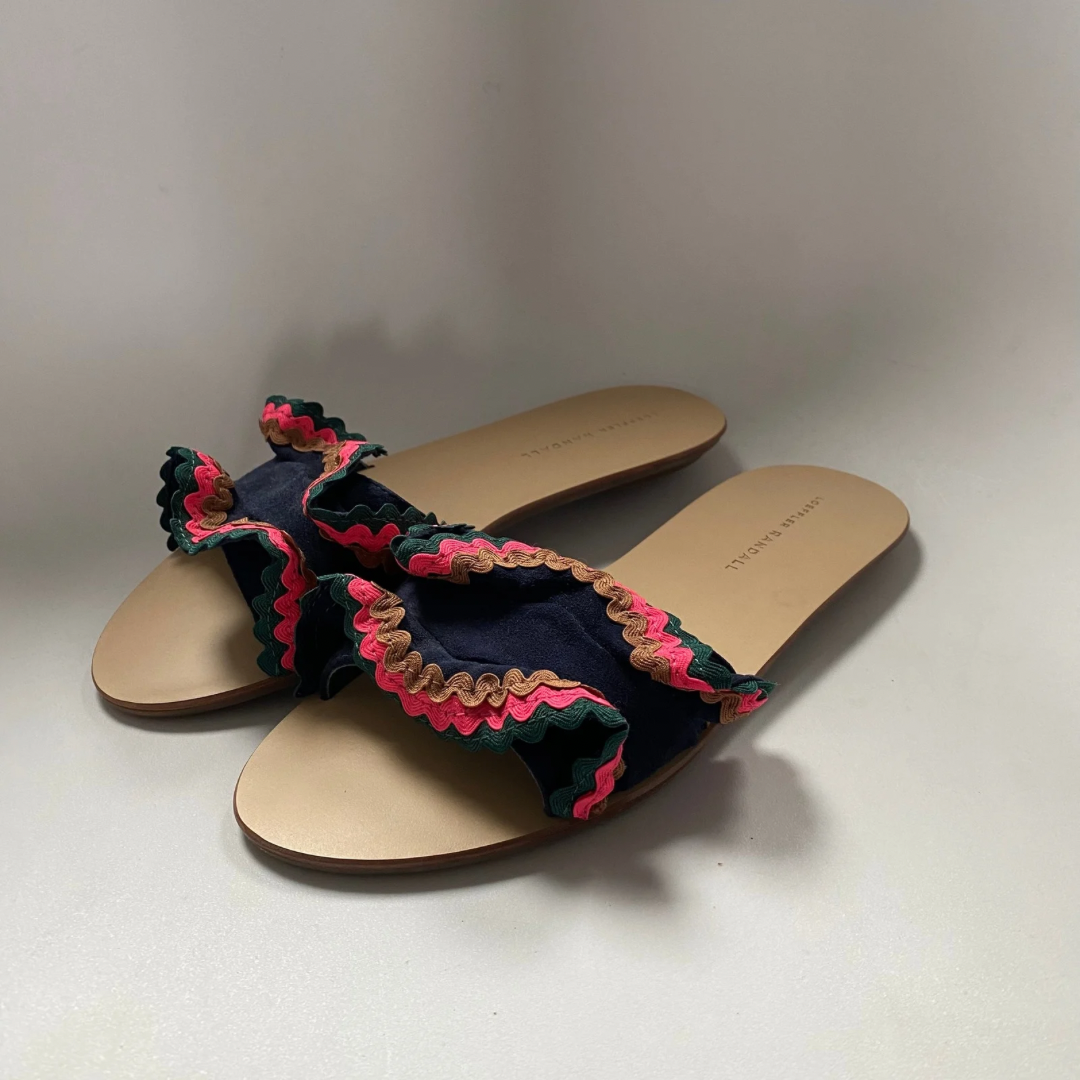 Loeffler Randall navy blue birdie suede flat ruffled sandals UK6.5