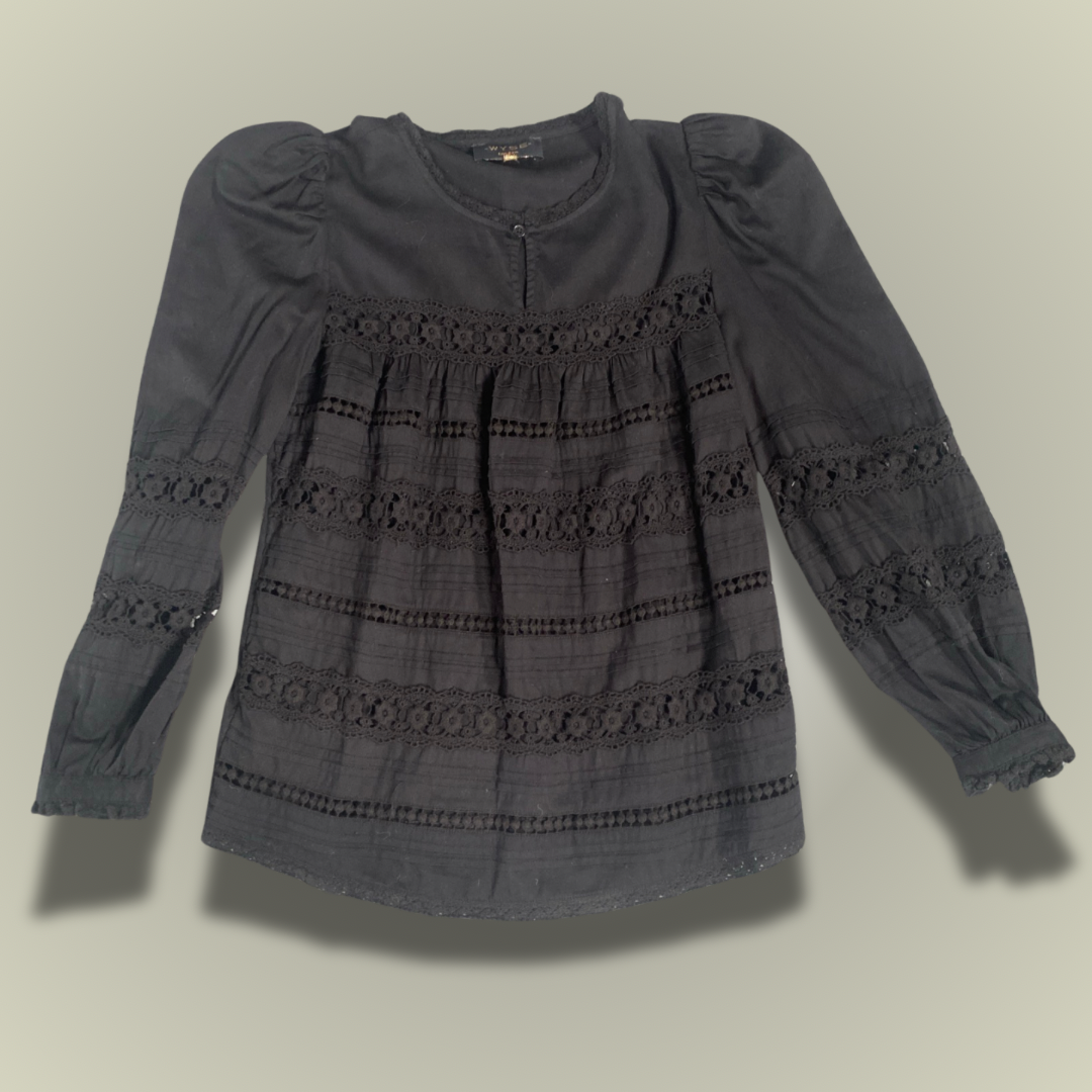 Wyse black cotton blouse long sleeve broderie anglaise 8