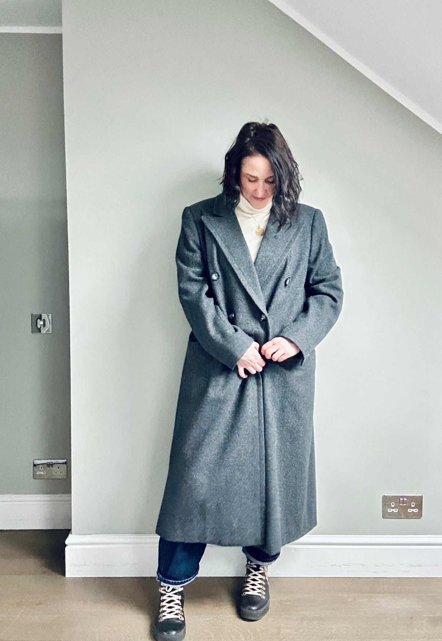 Grey wool double breasted maxi coat size up to 16