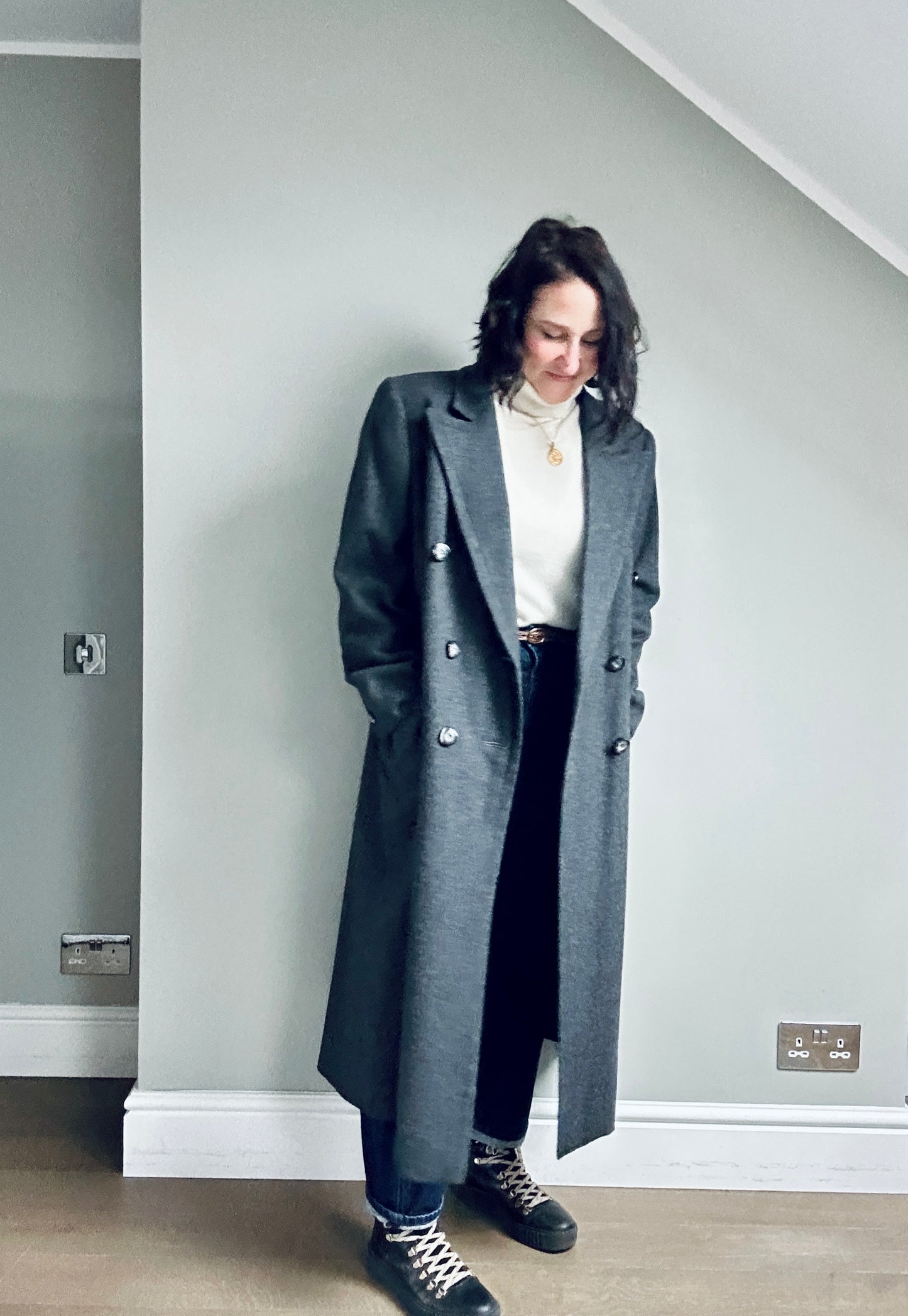 Grey wool double breasted maxi coat size up to 16