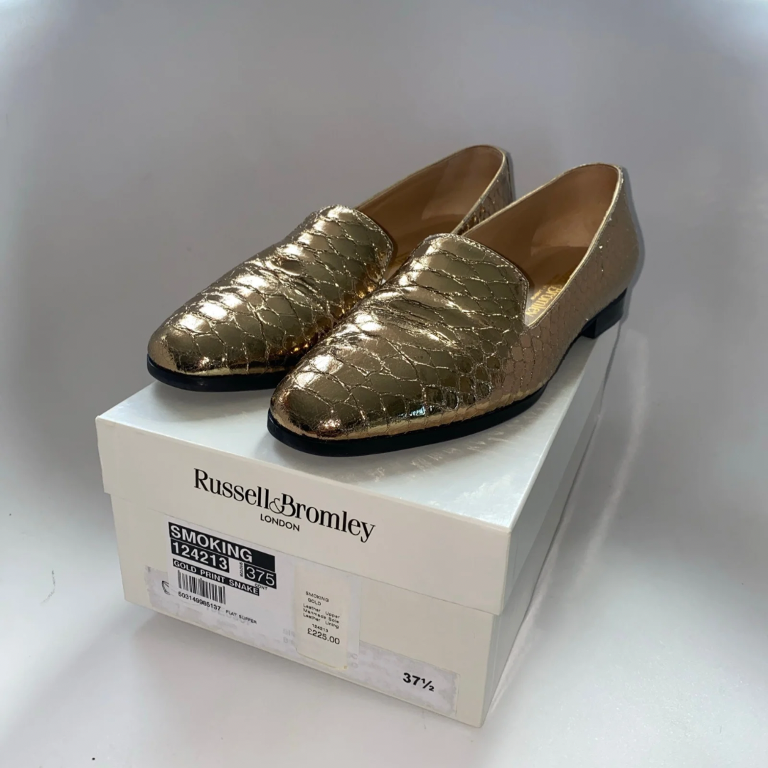 Russell & Bromley loafers gold leather snake effect UK4.5