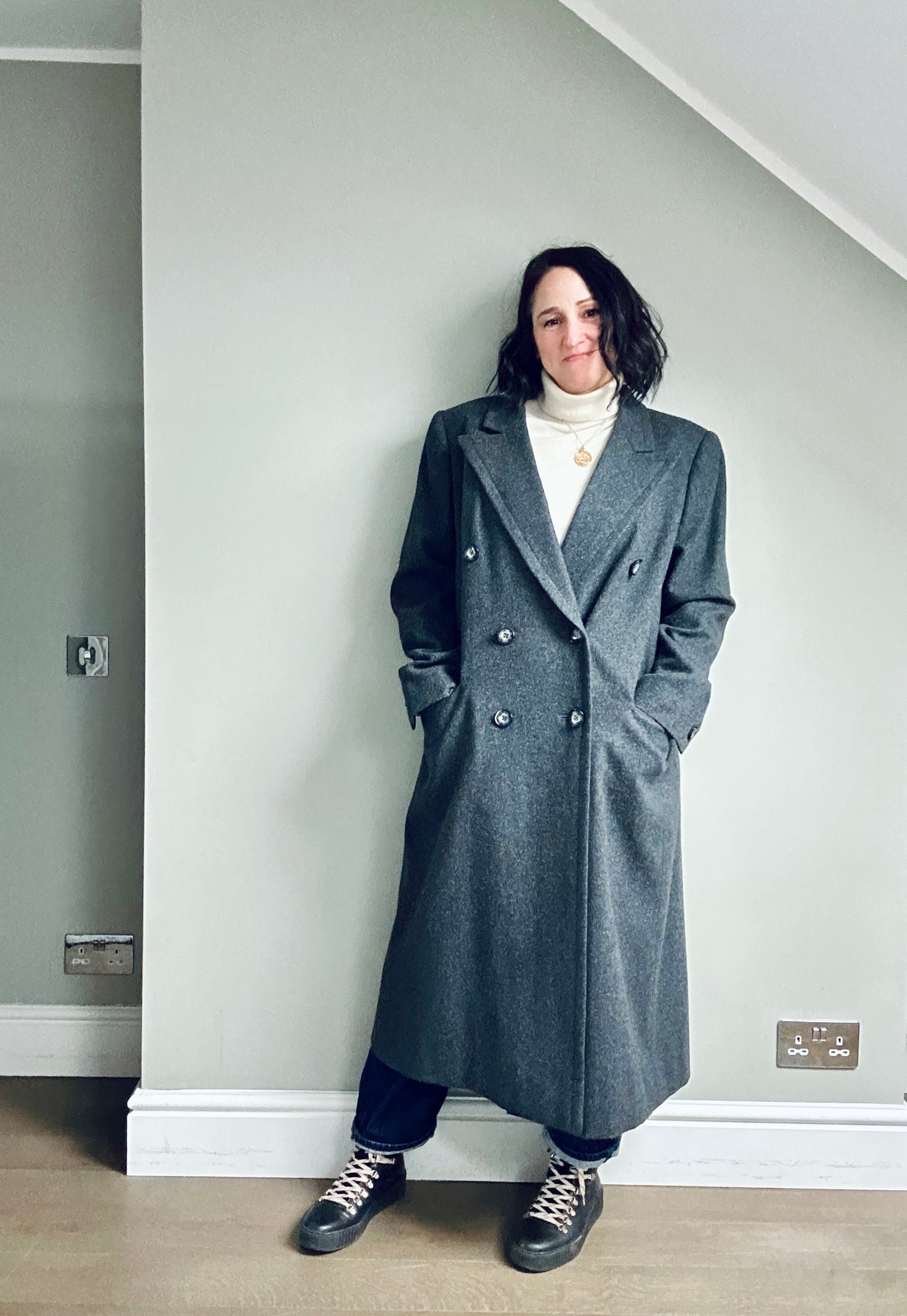 Grey wool double breasted maxi coat size up to 16