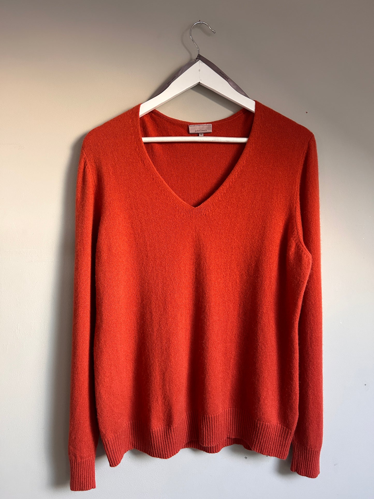 John Lewis burnt orange cashmere V neck jumper up to 14
