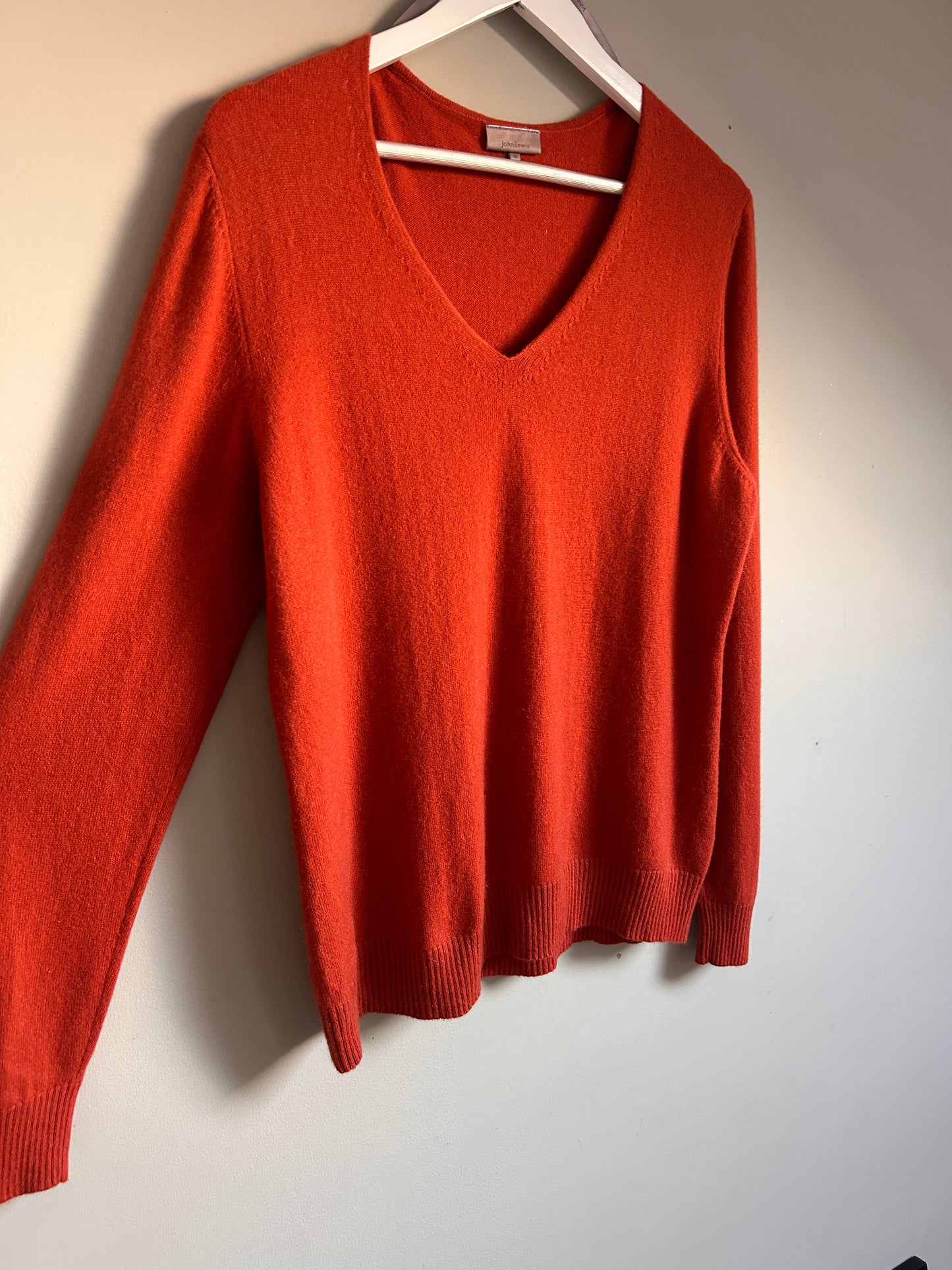 John Lewis burnt orange cashmere V neck jumper up to 14