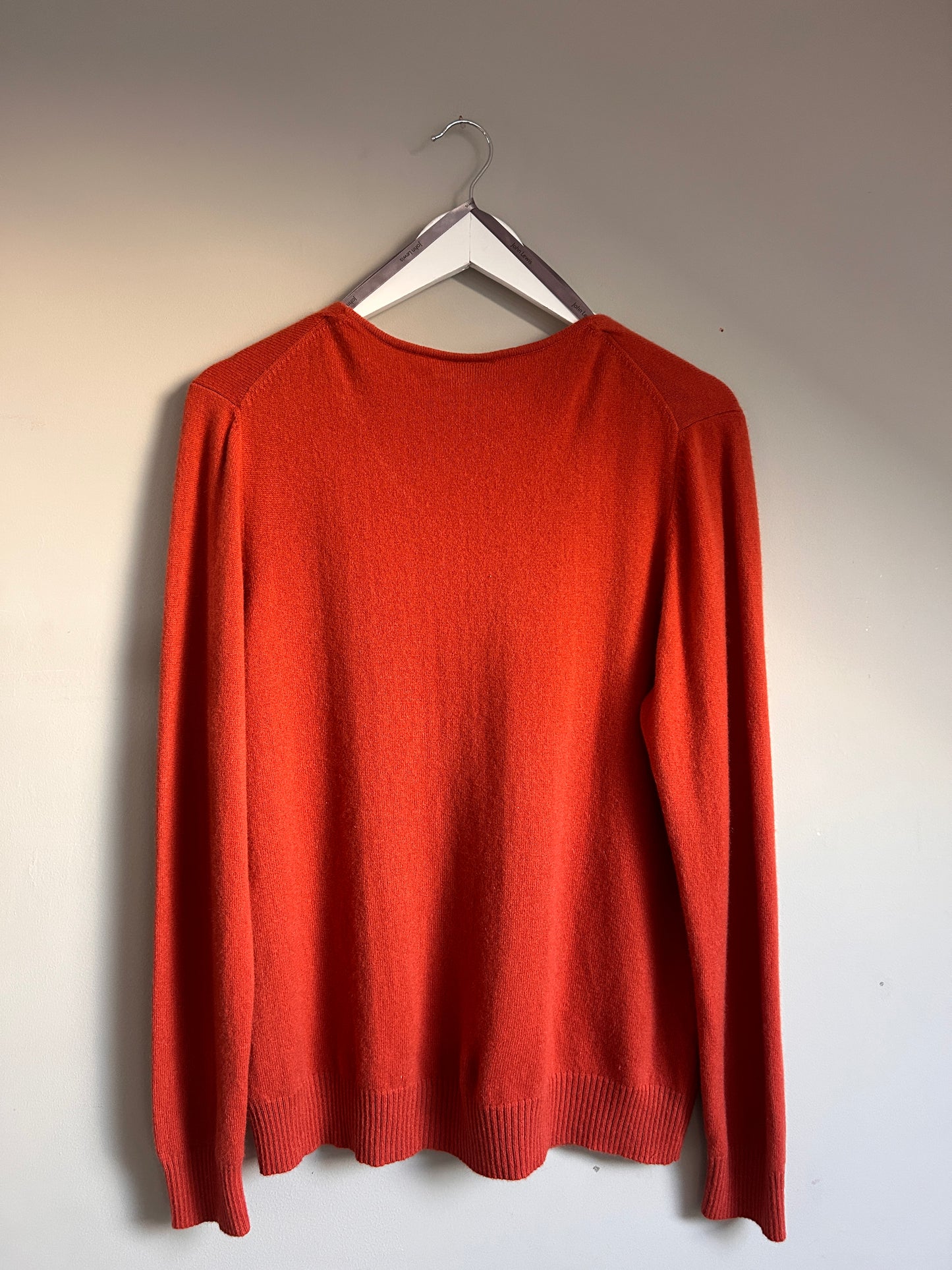 John Lewis burnt orange cashmere V neck jumper up to 14