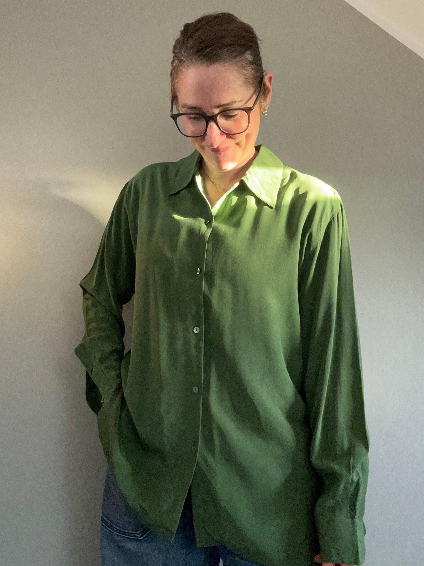 Art of Silk Tie Rack Vintage silk shirt green  L - up to 14