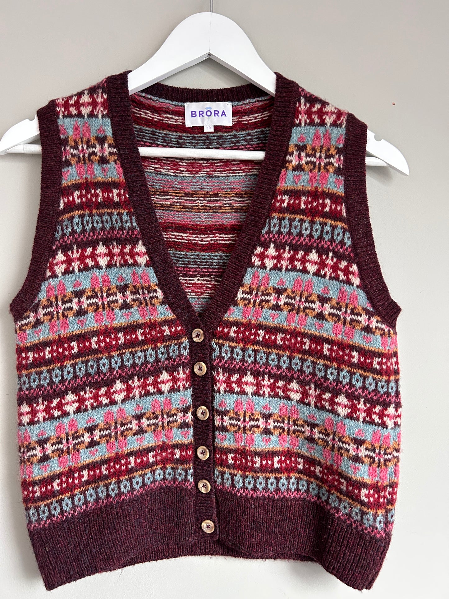 Brora maroon fair isle wool gilet size 10
