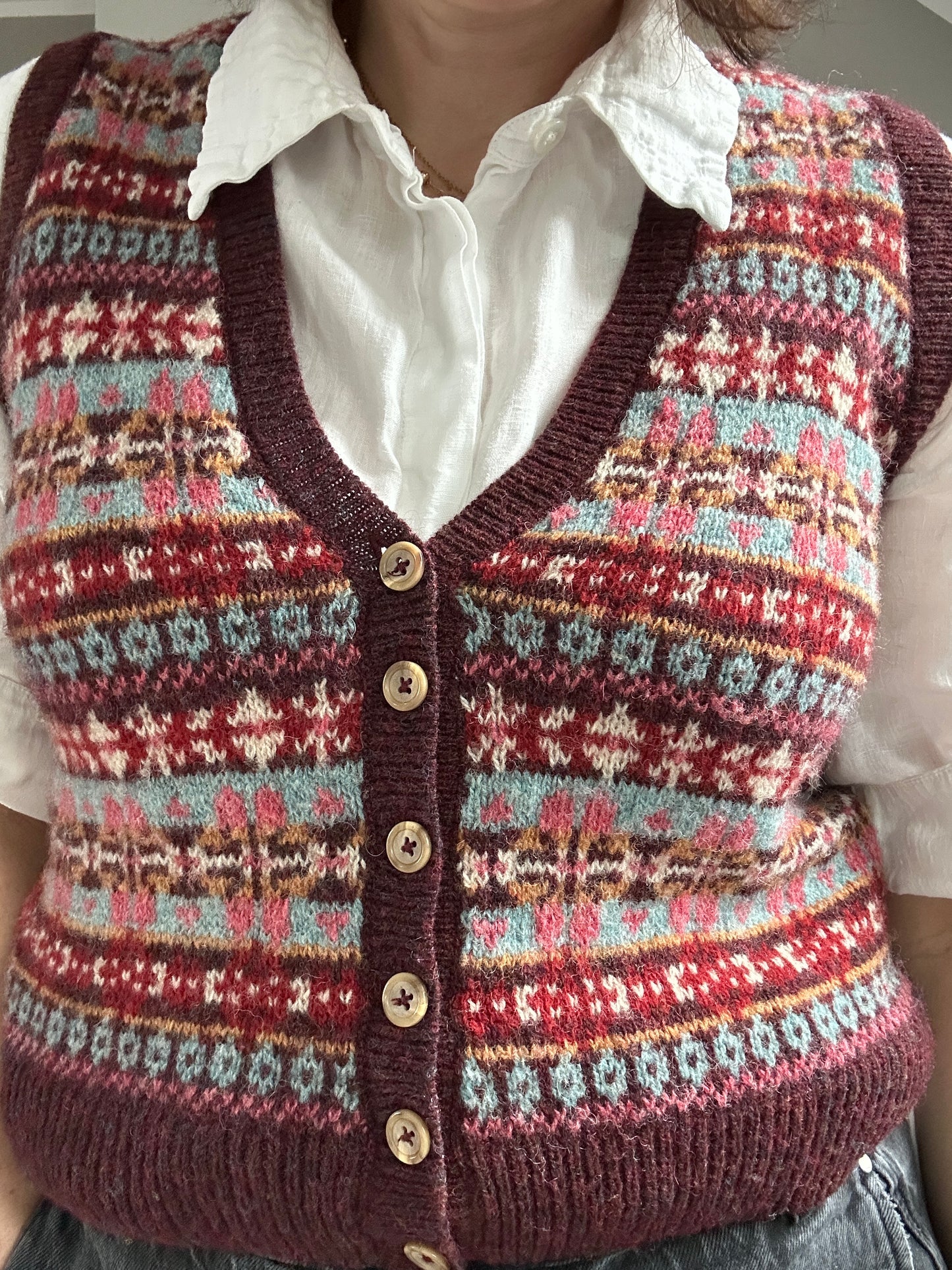 Brora maroon fair isle wool gilet size 10
