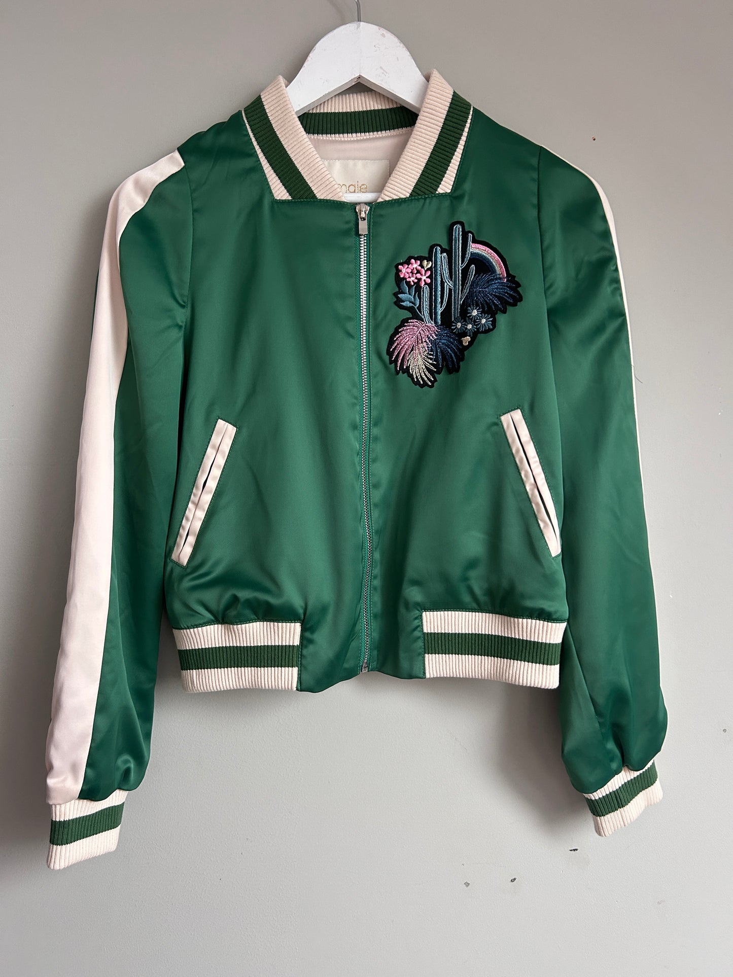 Maje green satin varsity jacket size 8