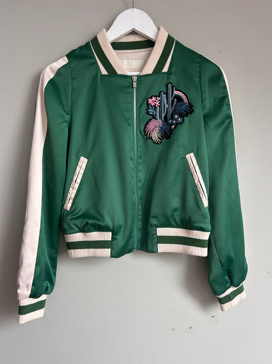 Maje green satin varsity jacket size 8