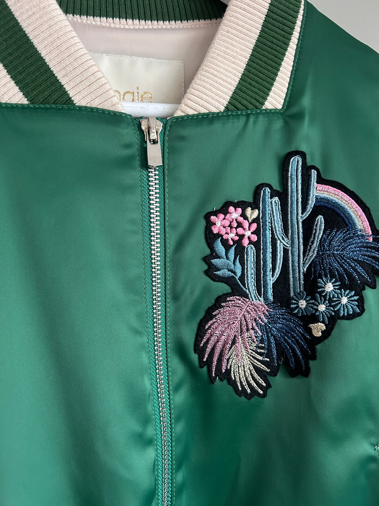 Maje green satin varsity jacket size 8