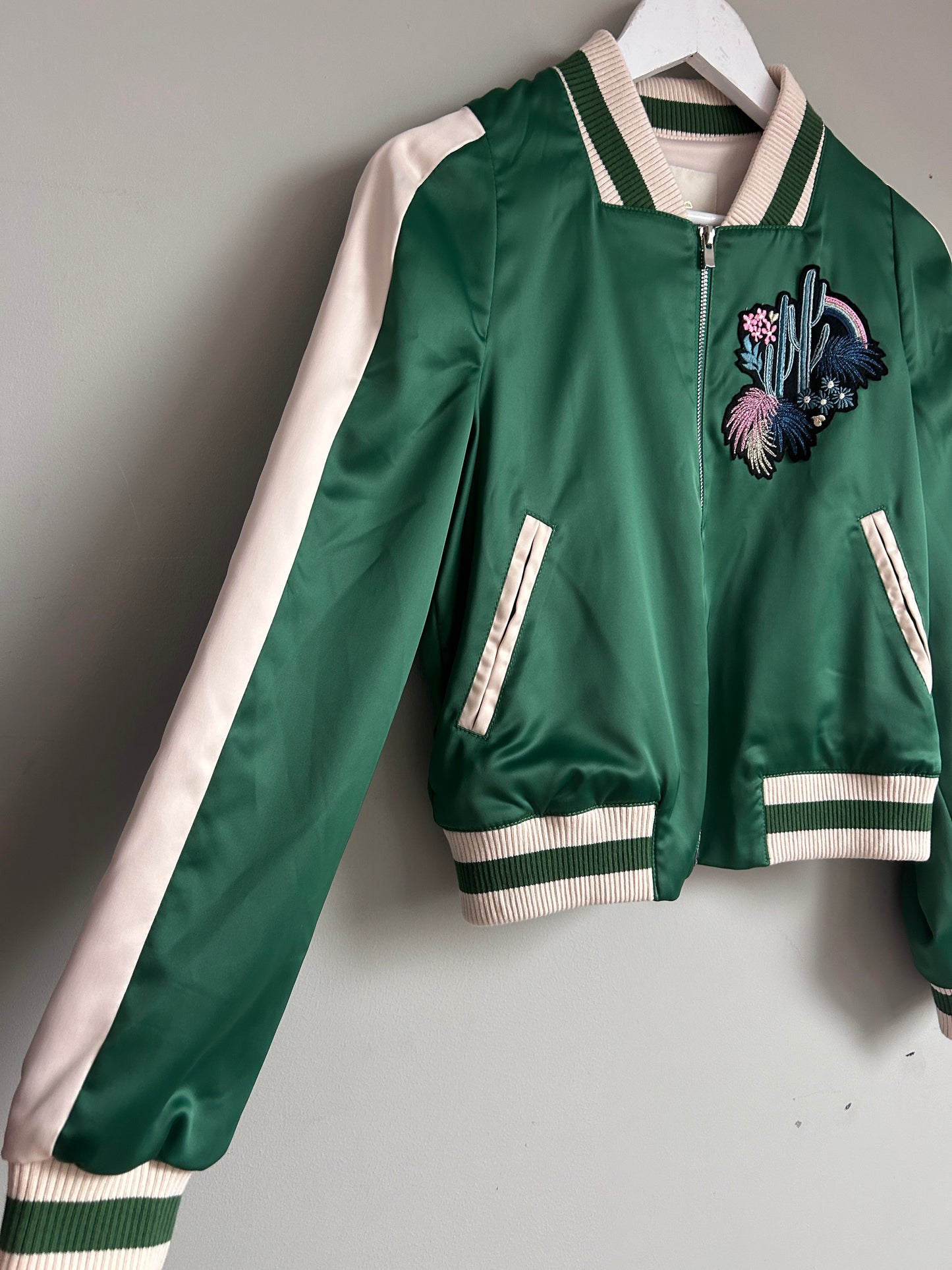 Maje green satin varsity jacket size 8