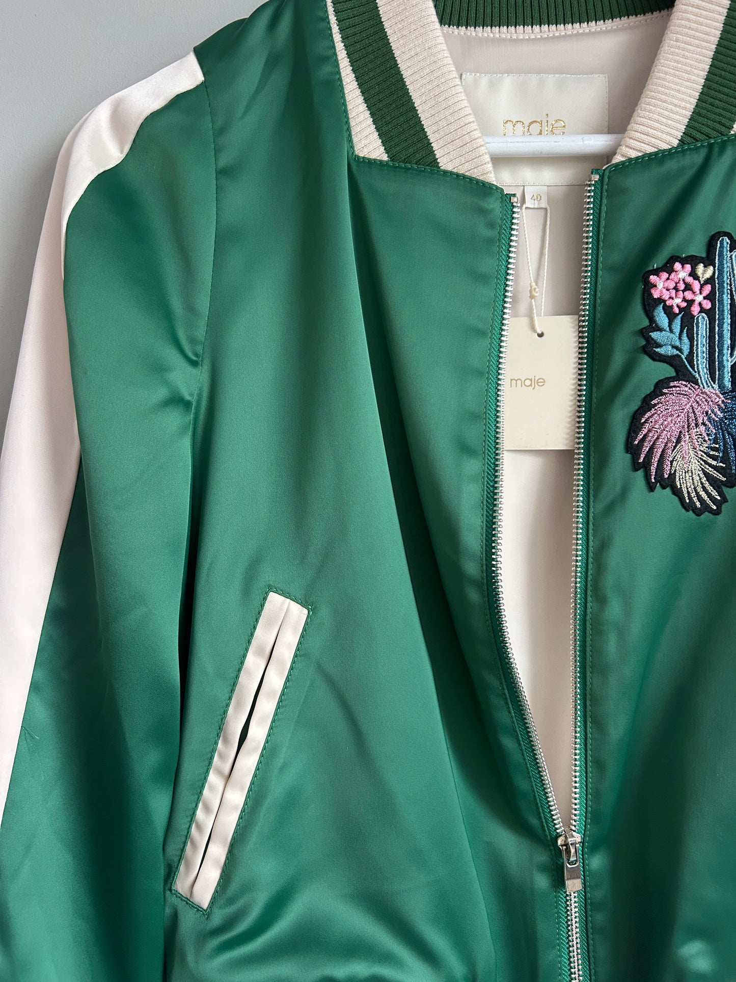 Maje green satin varsity jacket size 8
