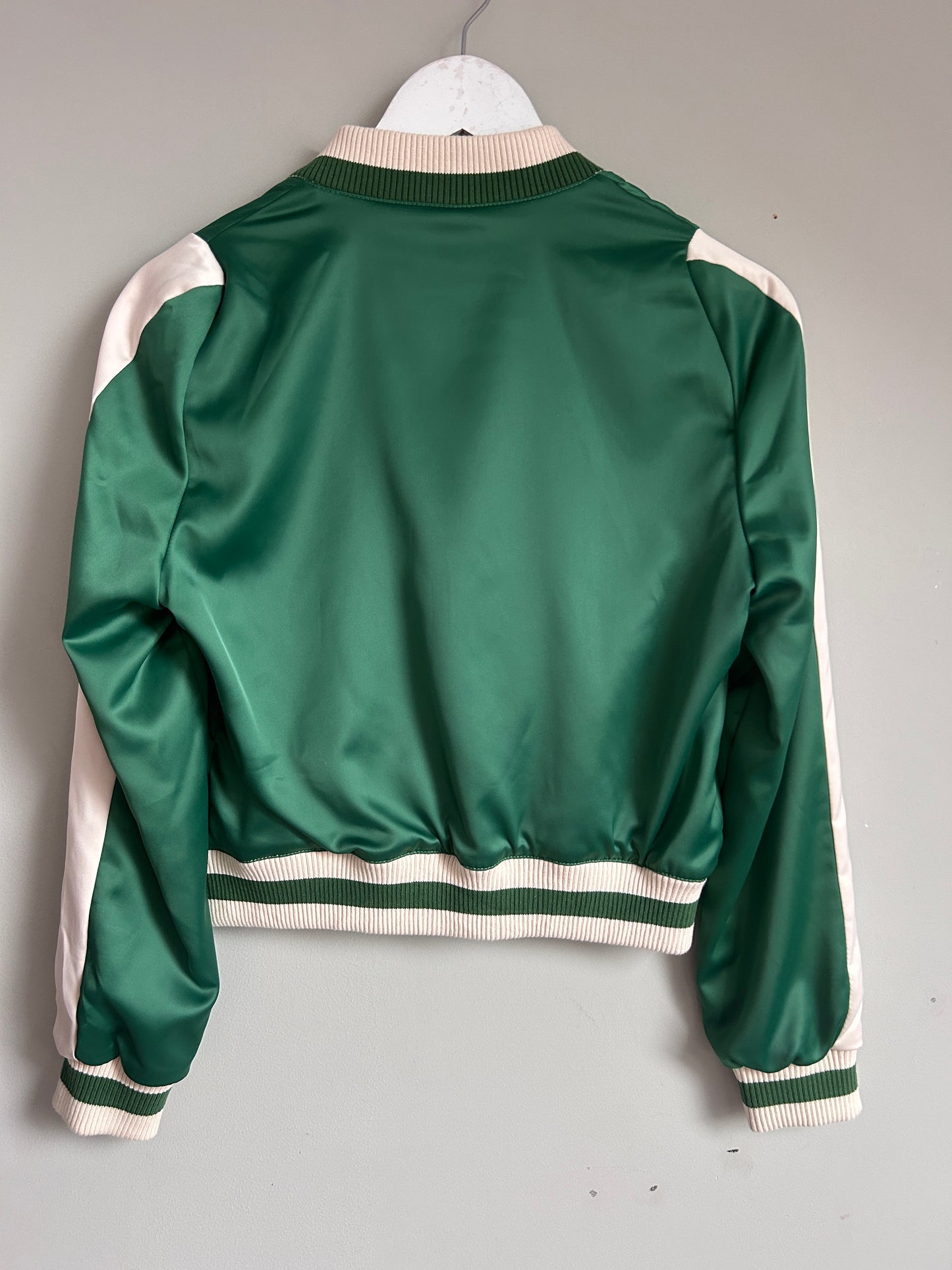 Maje green satin varsity jacket size 8