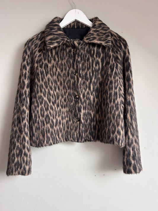 Massimo Dutti brown wool blend faux fur leopard print cropped jacket size S - 8/10