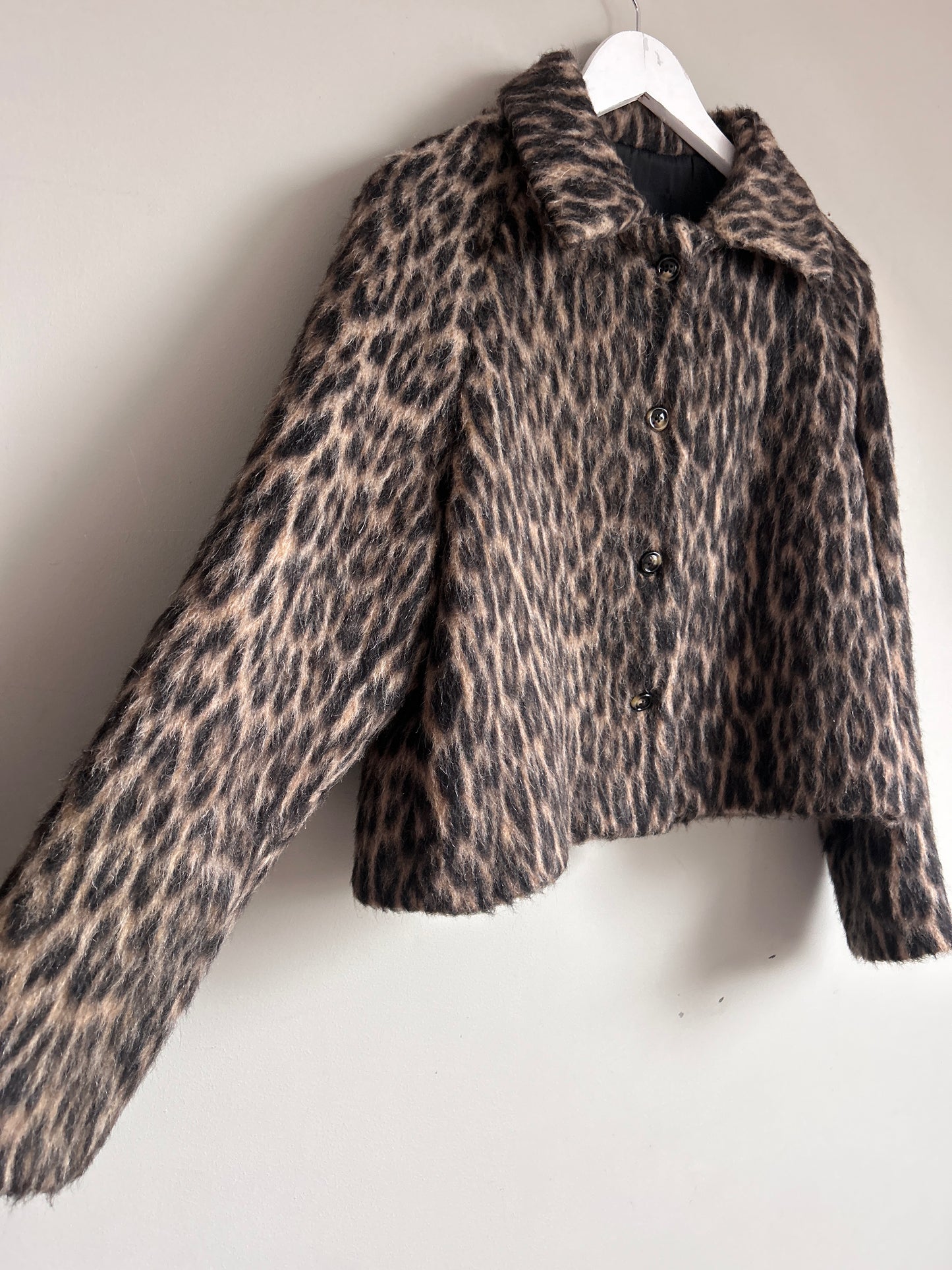 Massimo Dutti brown wool blend faux fur leopard print cropped jacket size S - 8/10