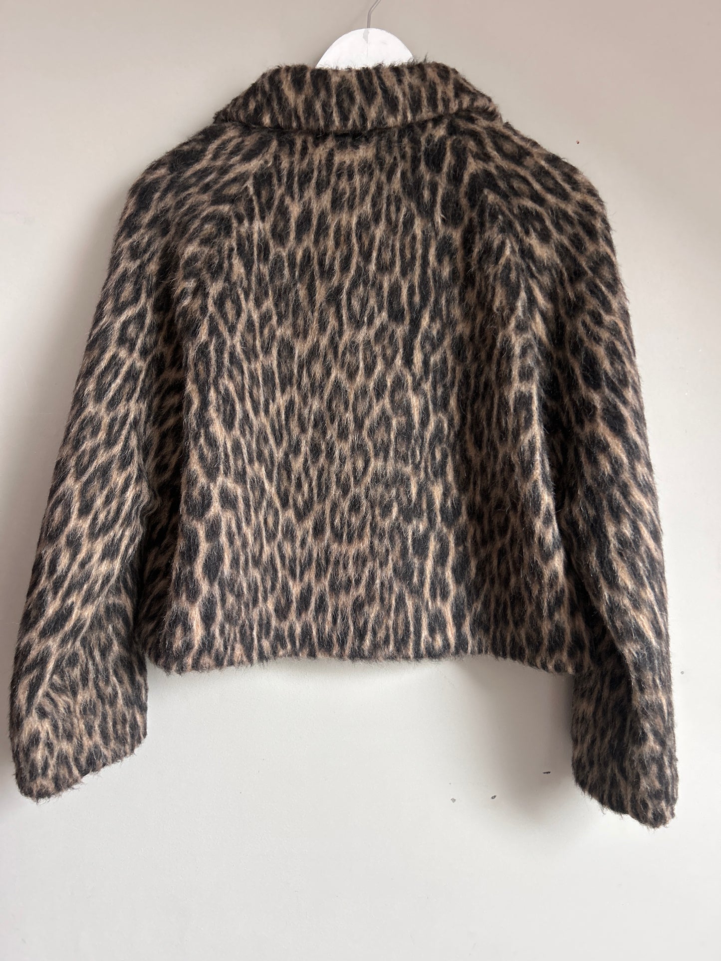 Massimo Dutti brown wool blend faux fur leopard print cropped jacket size S - 8/10