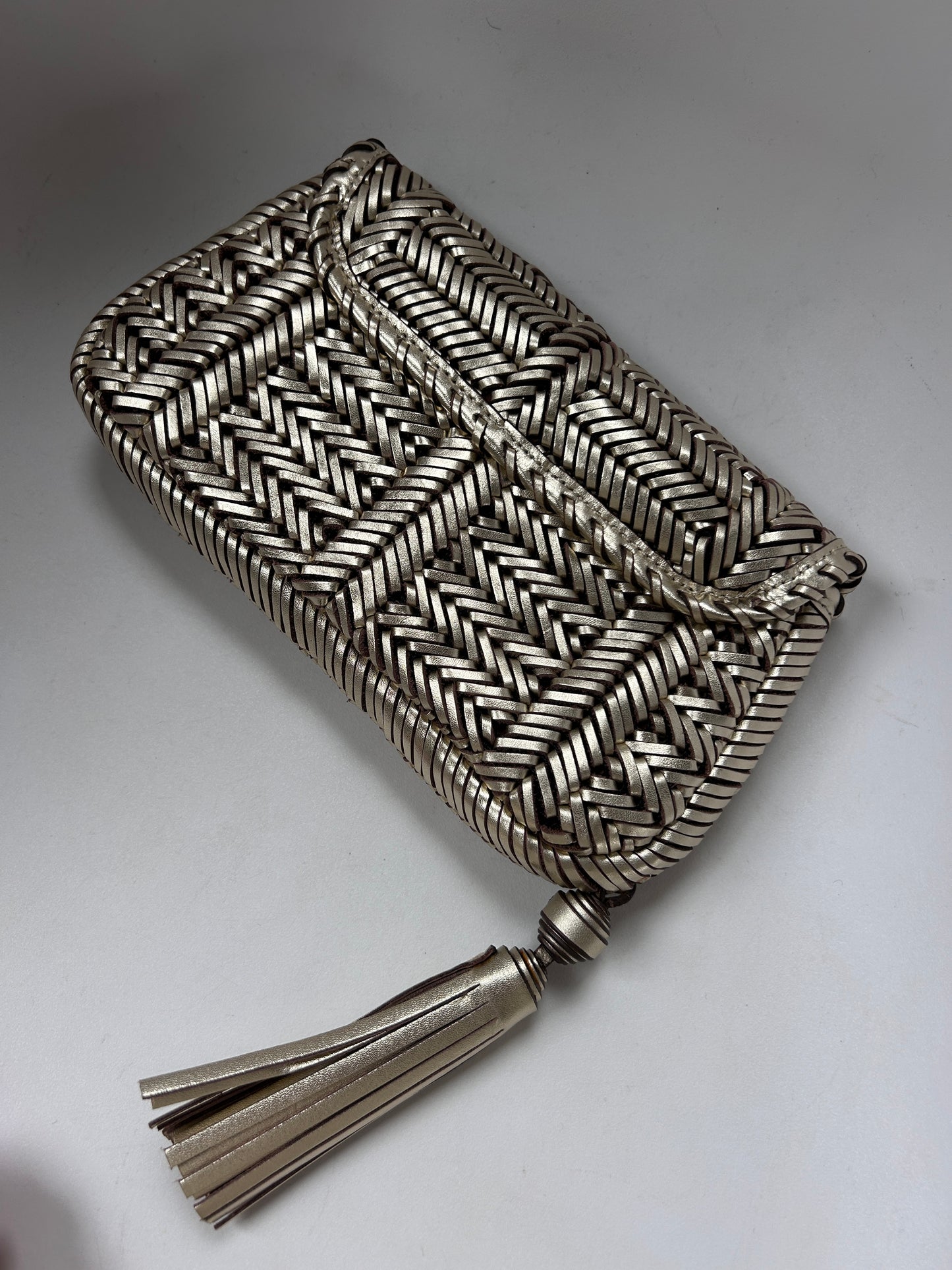 Anya Hindmarsh pale gold plaited leather Rossum clutch