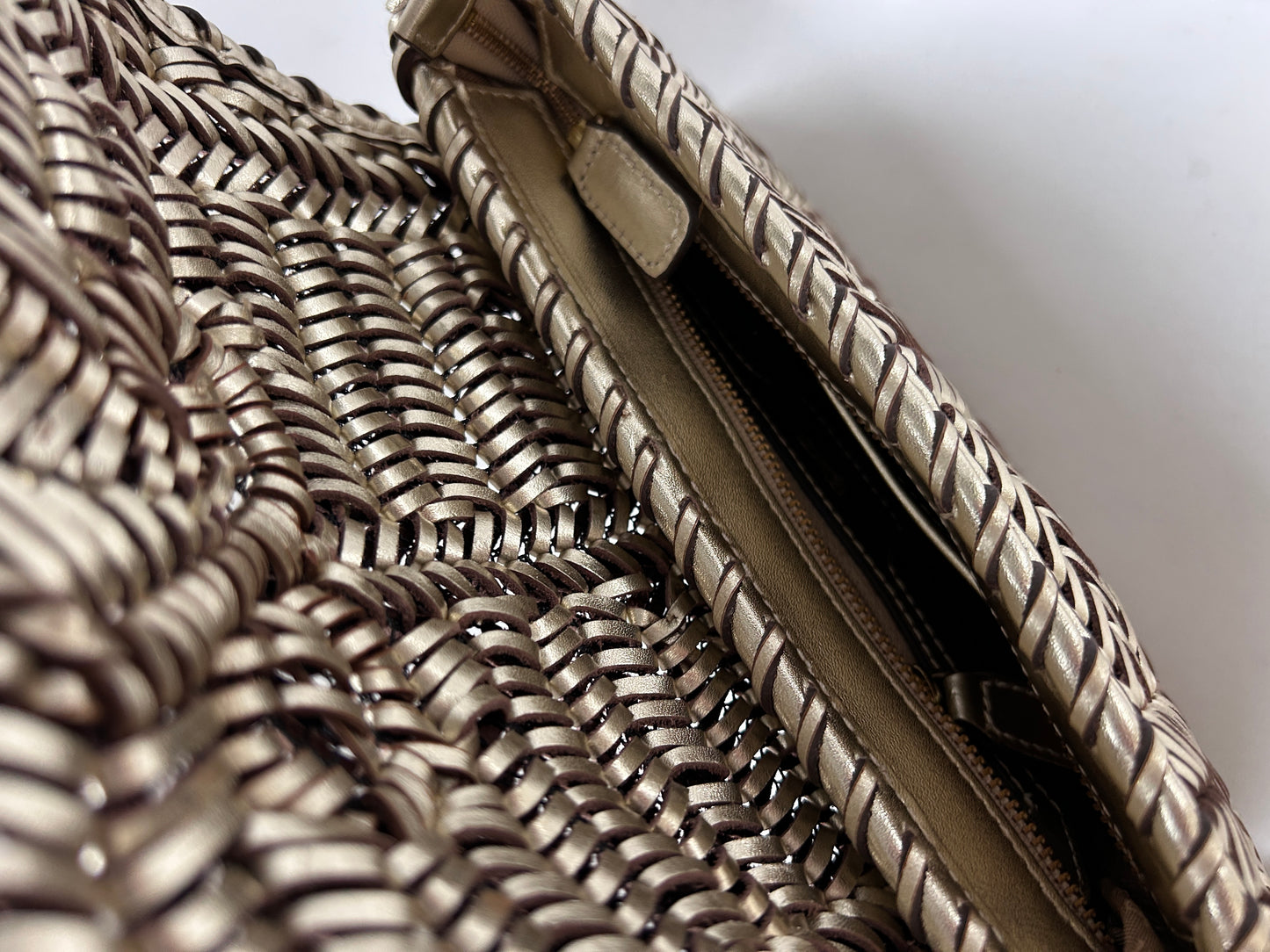Anya Hindmarsh pale gold plaited leather Rossum clutch