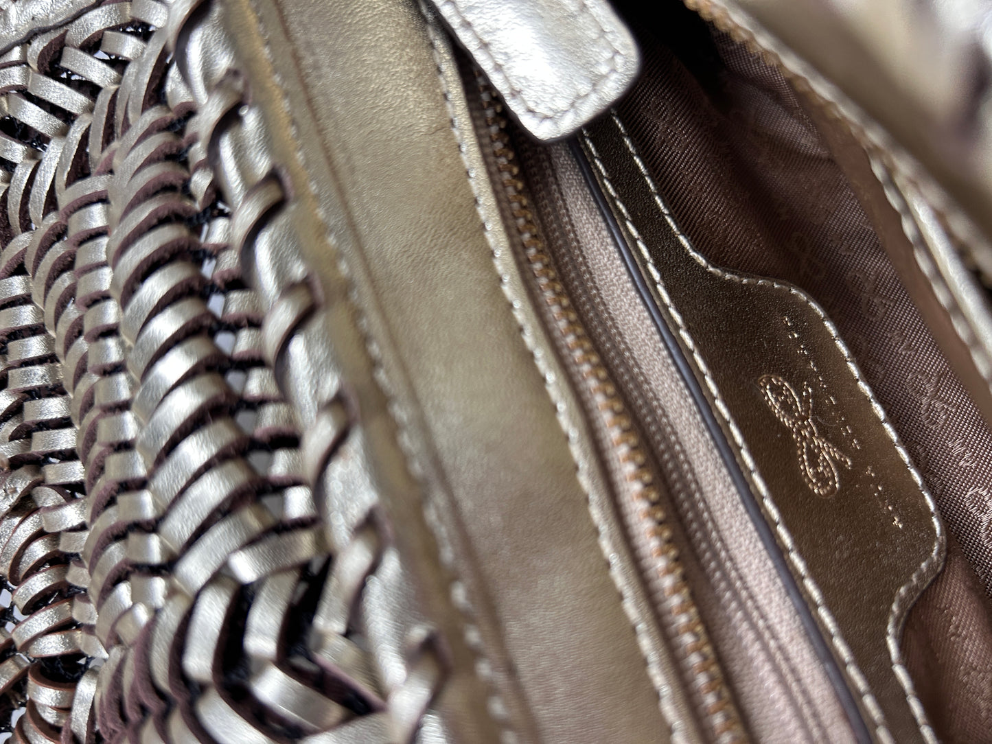 Anya Hindmarsh pale gold plaited leather Rossum clutch