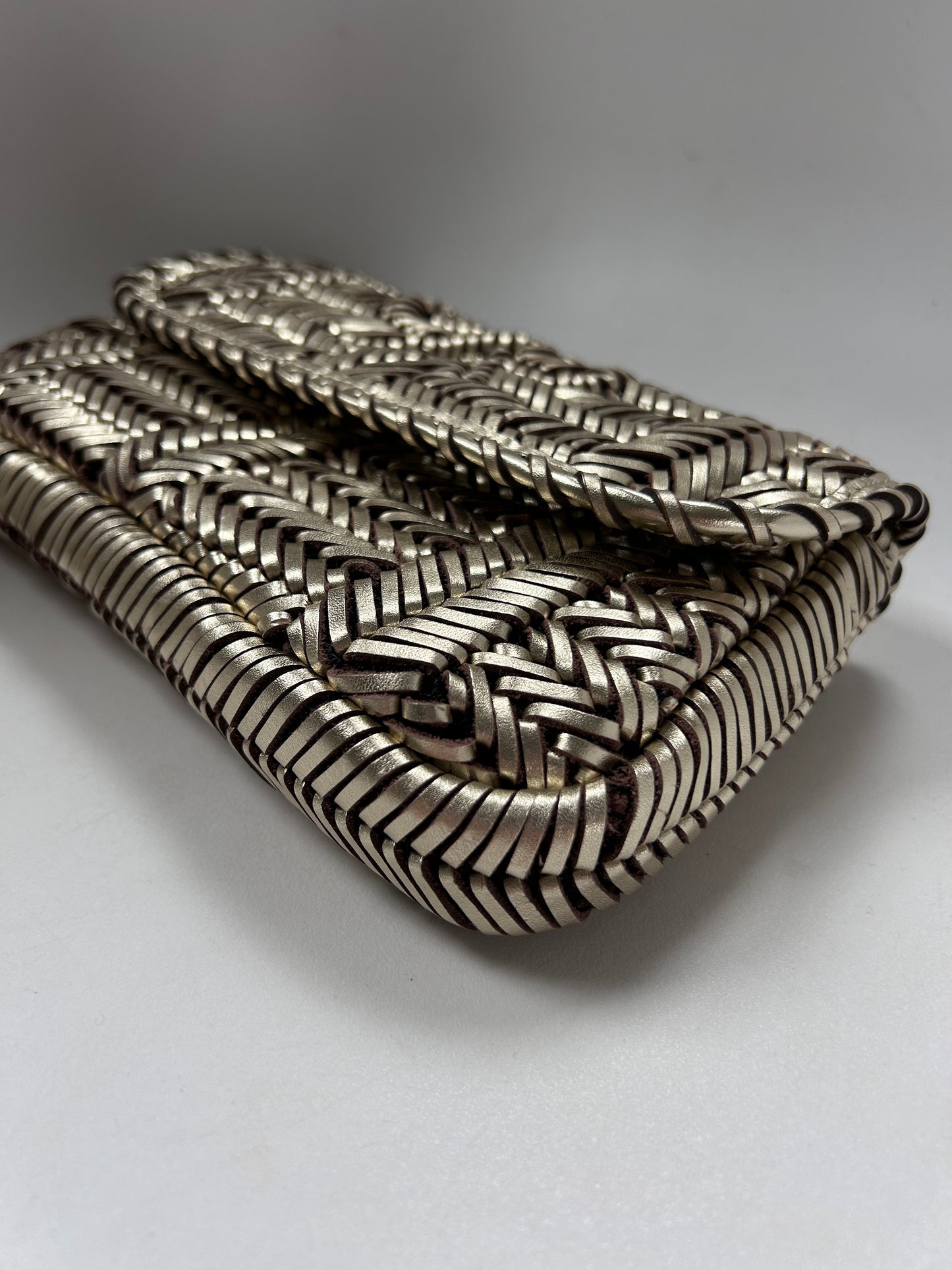Anya Hindmarsh pale gold plaited leather Rossum clutch