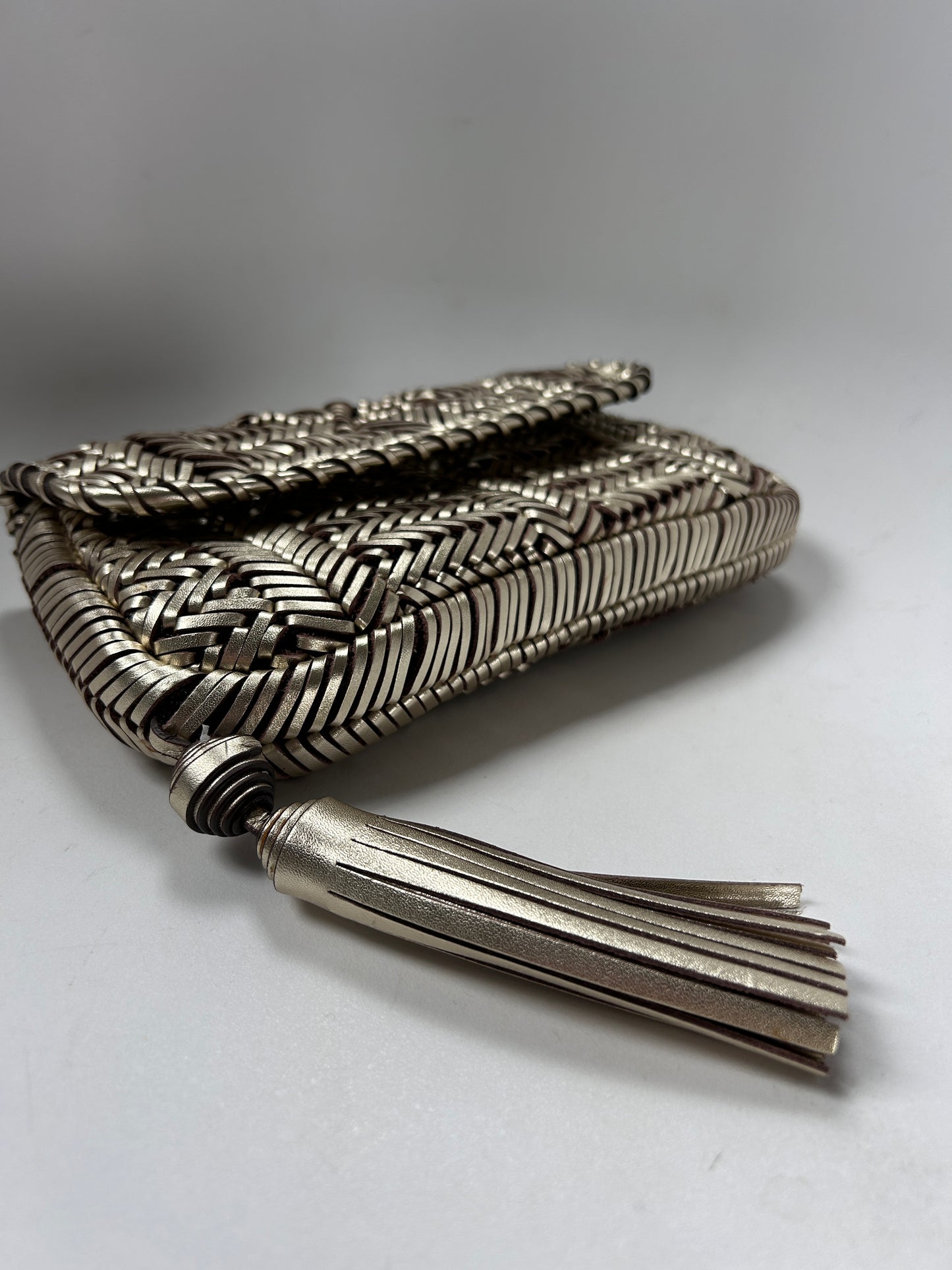 Anya Hindmarsh pale gold plaited leather Rossum clutch